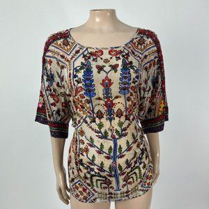 ANTHROPOLOGIE Vineet Bahl Meknes Embroidered Floral Top Blouse XL Tie Silk MM17